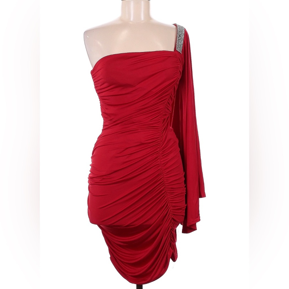 Vintage Frederick’s of Hollywood Red One Shoulder Rhinestone Draped Sleeve sz M